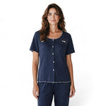 JOANNA FASHION navy blue polka dot pajama set with short sleeves, button-down top, and lettuce-edge trim.