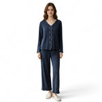 JOANNA FASHION navy blue polka-dot pajama set with long sleeves, button-down top, and scalloped trim details.