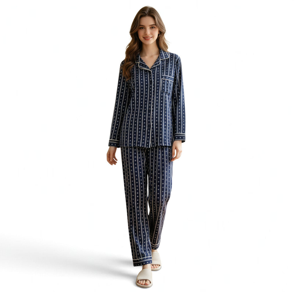 JOANNA FASHION navy blue striped floral pajama set with white piping, button-down top, and relaxed-fit trousers.