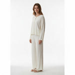 JOANNA FASHION off-white two-piece lounge set with button-down top and wide-leg trousers featuring lettuce-edge hems.