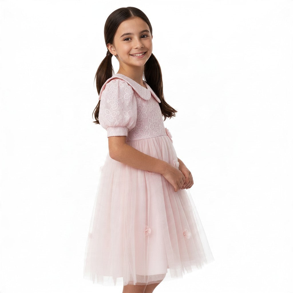 JOANNA FASHION pink girls formal dress with lace bodice, peter pan collar, puff sleeves, and layered tulle skirt.