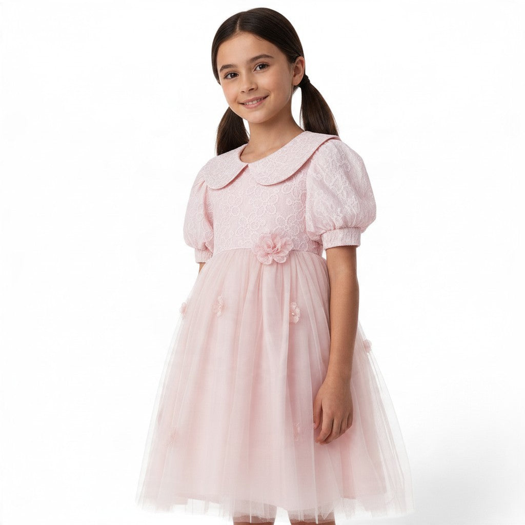 JOANNA FASHION pink girls formal dress with lace bodice, peter pan collar, puff sleeves, and floral tulle skirt.