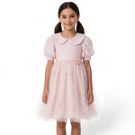 JOANNA FASHION pink girls formal dress with lace bodice, peter pan collar, puff sleeves, and floral tulle skirt.
