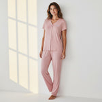 JOANNA FASHION women's dusty pink two-piece pajama set with V-neck button-down top and matching relaxed-fit pants.