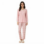 Model wearing a JOANNA FASHION pink long-sleeve pajama set with lace trim and plaid trousers on a white background