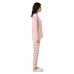 JOANNA FASHION pink long sleeve pajama set with lace trim and plaid trousers worn by a model in profile view