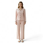 JOANNA FASHION women's pink polka-dot long sleeve button-down pajama set with scalloped trim on a model