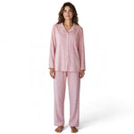 JOANNA FASHION pink polka dot button-down pajama set with white contrast piping worn by a woman on a white background