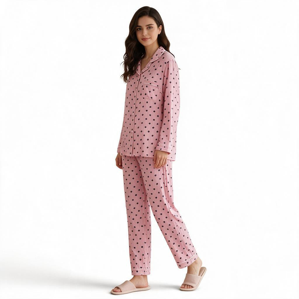 A woman wearing a JOANNA FASHION pink long sleeve button-down pajama set with a black polka dot print and piping.