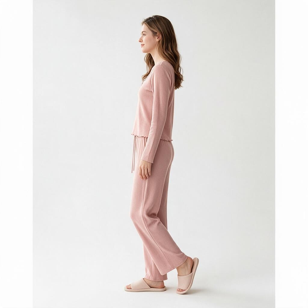 JOANNA FASHION pink ribbed long sleeve lounge set with wide-leg pants and lettuce-edge trim worn by a woman