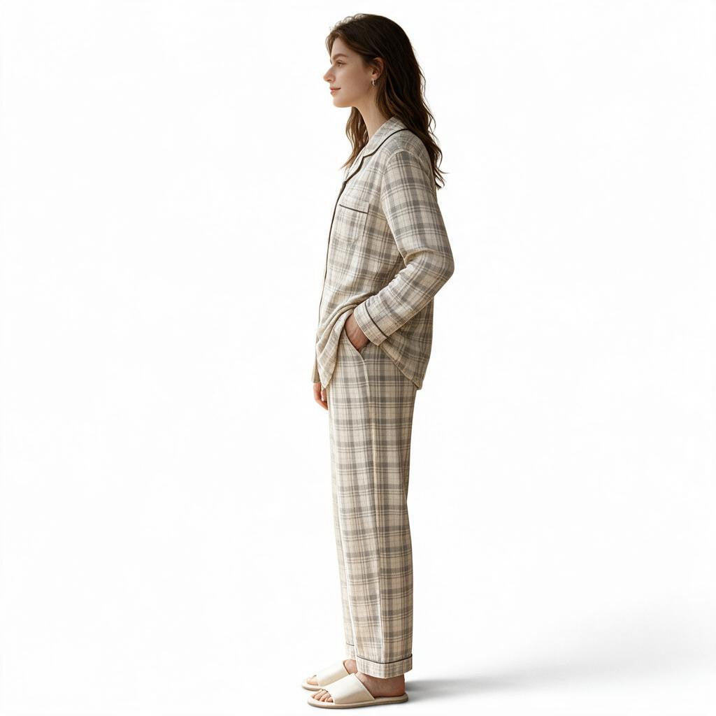 JOANNA FASHION plaid pajama set with button-down top and trousers on a woman, side view, beige and white pattern.