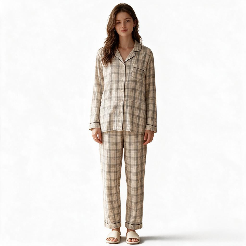 JOANNA FASHION classic plaid button-down pajama set in beige with black piping, worn by a woman on a white background.