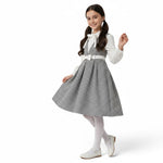 JOANNA FASHION girls classic plaid pinafore dress set with white blouse, bow-tie collar, and pleated skirt.