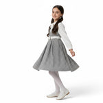 JOANNA FASHION girls plaid pinafore dress set with white long-sleeve blouse, pleated skirt, and bow-tie collar.