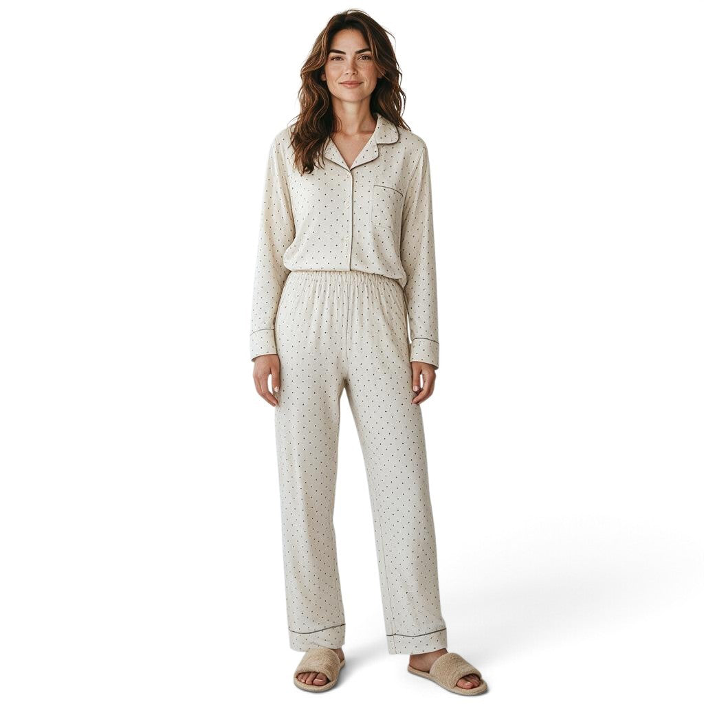 JOANNA FASHION cream polka dot pajama set with button-down top, notched collar, and contrast piping on a model.