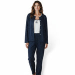 Model wearing a JOANNA FASHION navy polka dot three-piece pajama set with a cherry motif tank and button-down cardigan.