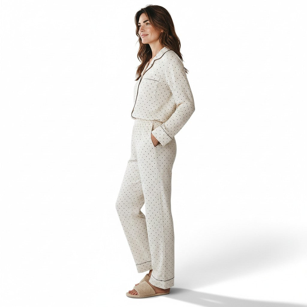 JOANNA FASHION cream polka dot button-down pajama set with contrast piping worn by a woman in profile view