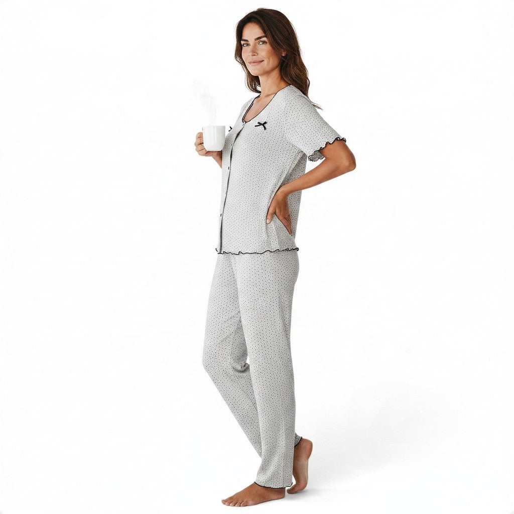 JOANNA FASHION women's polka dot pajama set with button-down top, lettuce-edge trim, and bow detail, worn by a woman.