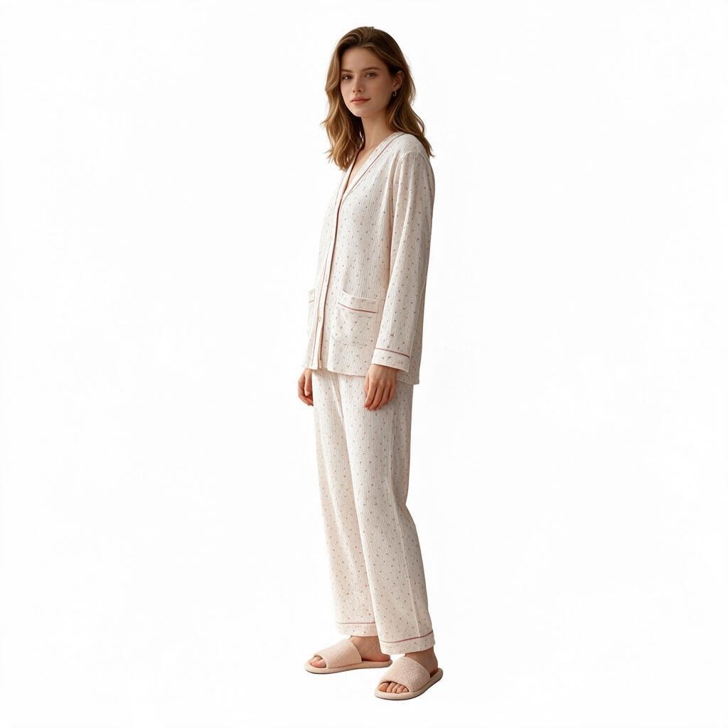 A woman wearing a JOANNA FASHION long sleeve button-down pajama set with subtle print and refined piping details.