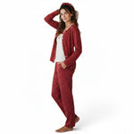 JOANNA FASHION three-piece polka dot pajama set with cardigan, tank top, pants, and headband in red and white.