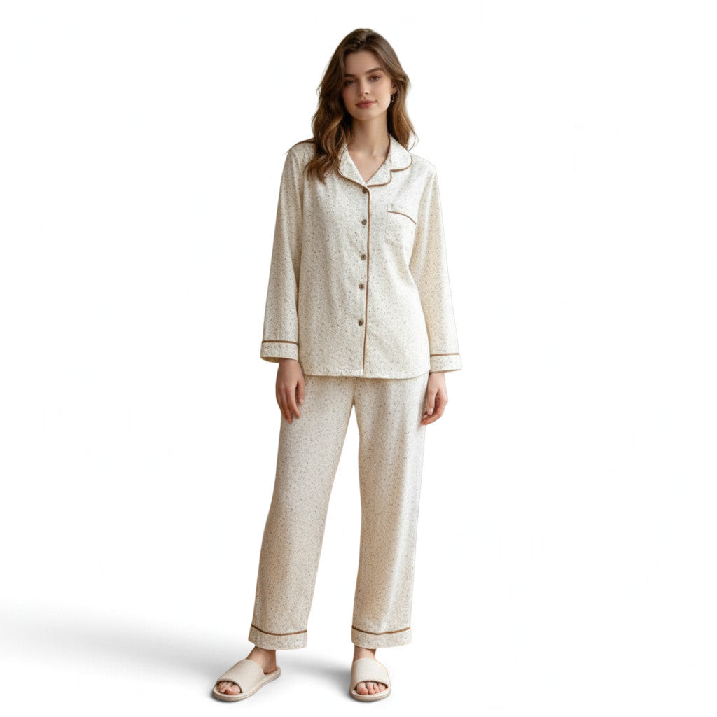 JOANNA FASHION long-sleeve pajama set in cream with a delicate speckled print and brown contrasting piping details.