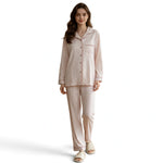 JOANNA FASHION long-sleeve button-down pajama set in light pink with a speckled print and contrasting piping