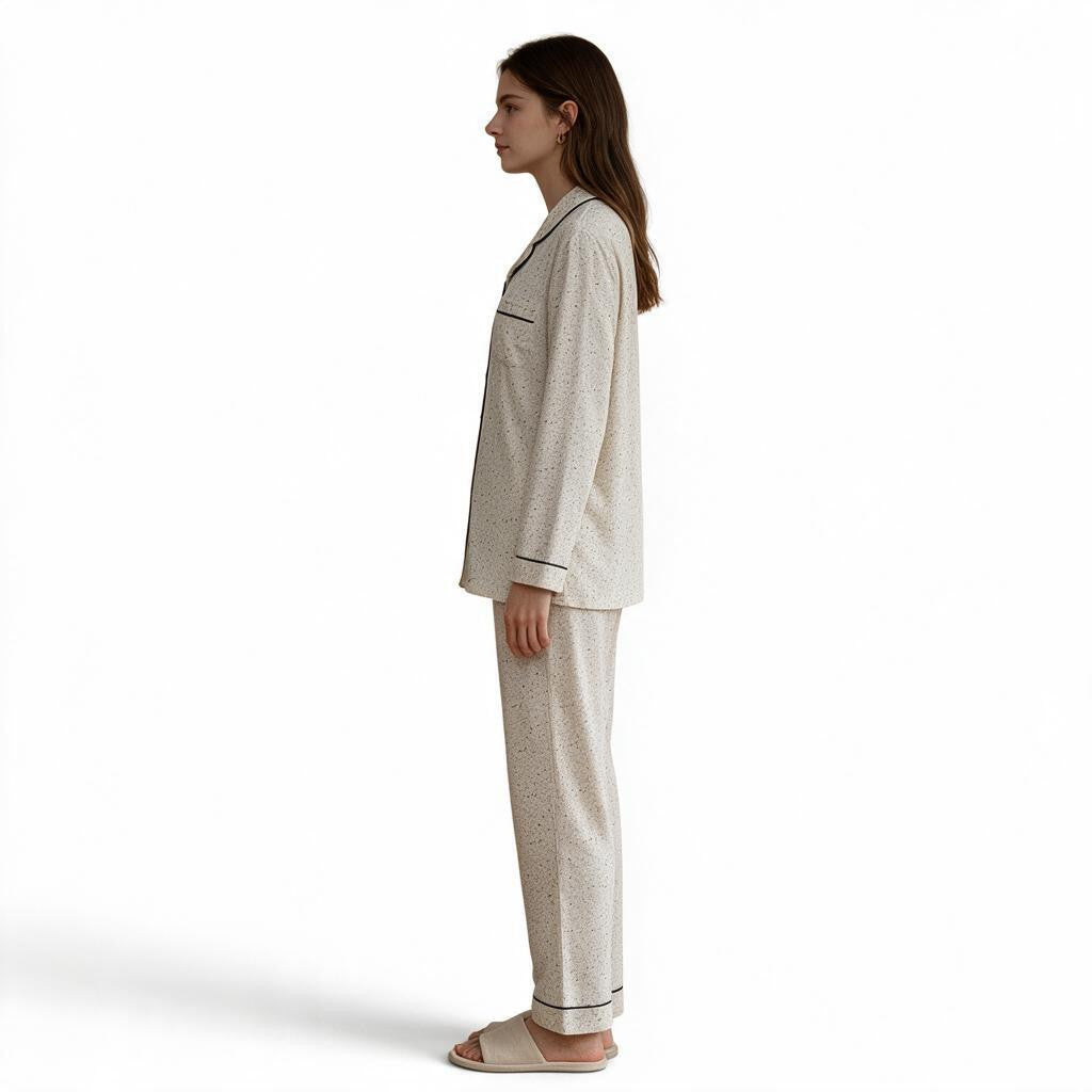 JOANNA FASHION long-sleeve button-down pajama set in cream with a delicate speckled print and black piping.
