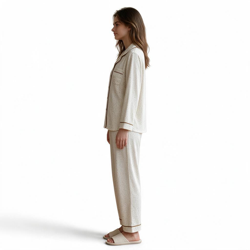 JOANNA FASHION speckled pajama set with button-down top and trousers, featuring contrasting piping in side profile.