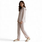 JOANNA FASHION long-sleeve pajama set in light speckled fabric with contrasting piping and button-down top