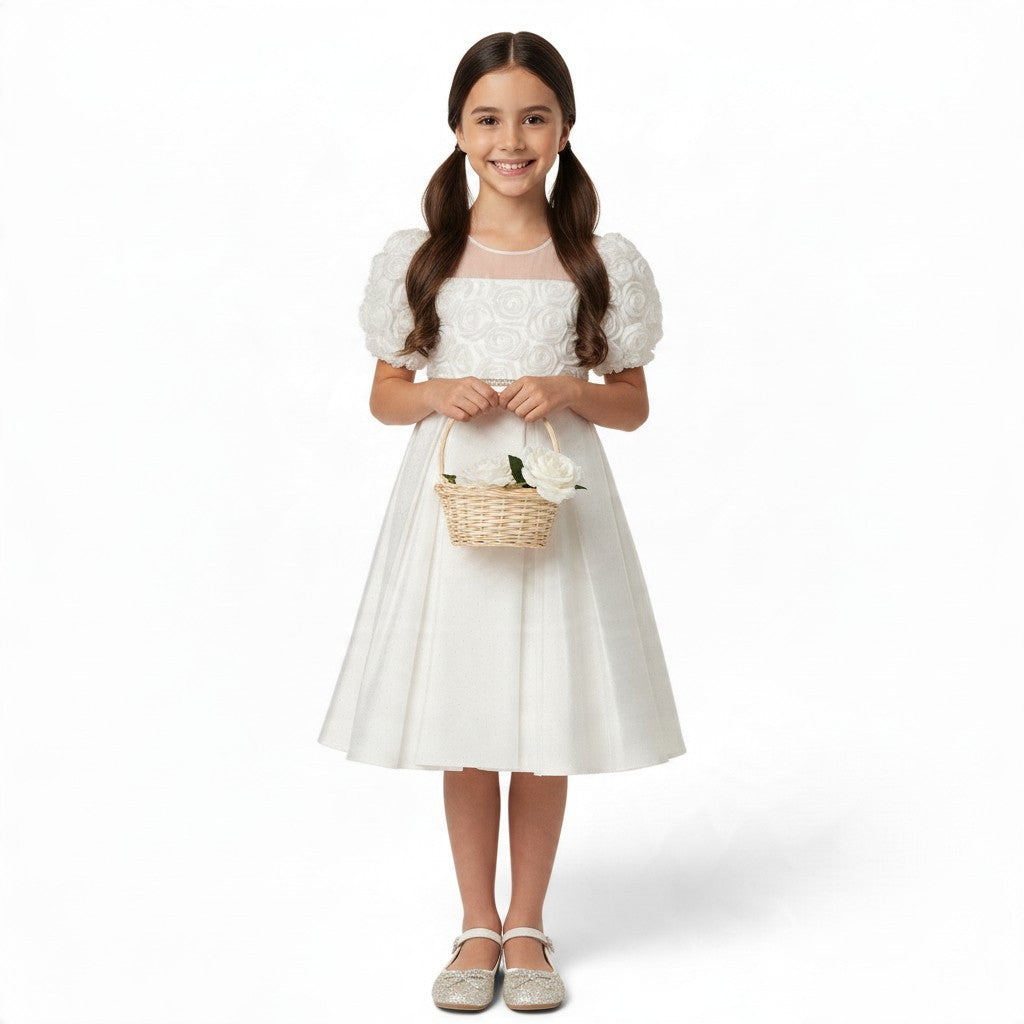 JOANNA FASHION white flower girl dress with floral applique bodice, puff sleeves, and rhinestone belt on a young girl