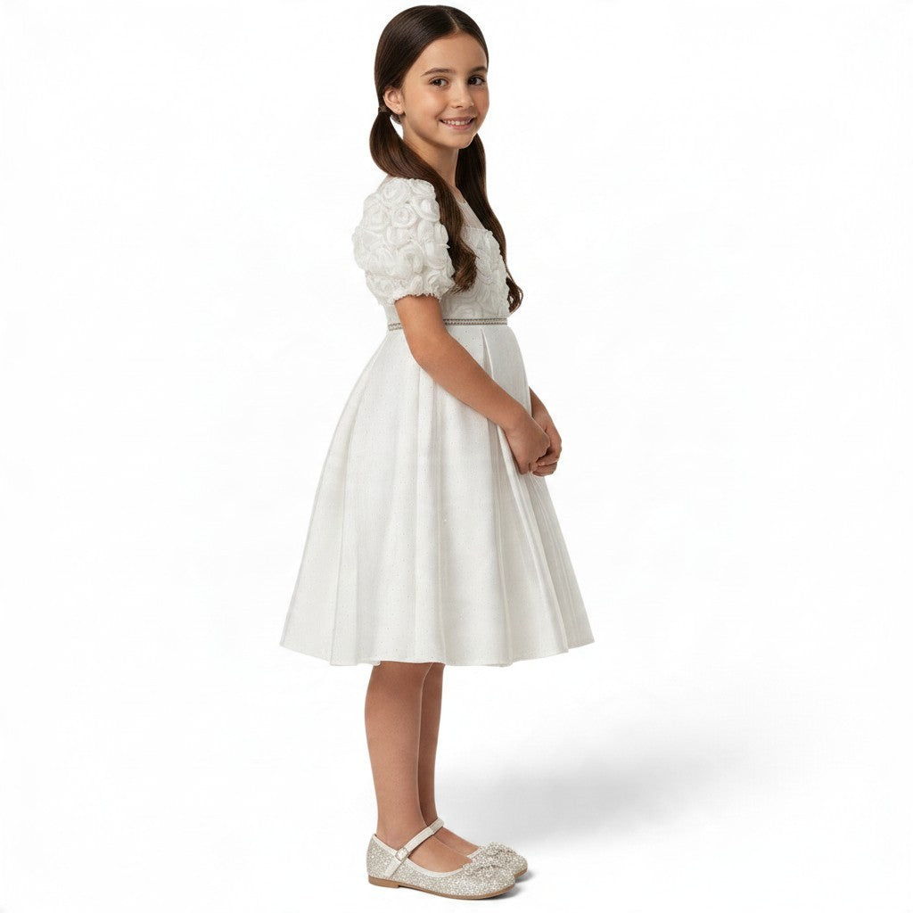 JOANNA FASHION white flower girl dress with rose-embellished bodice, puff sleeves, and rhinestone belt, side view
