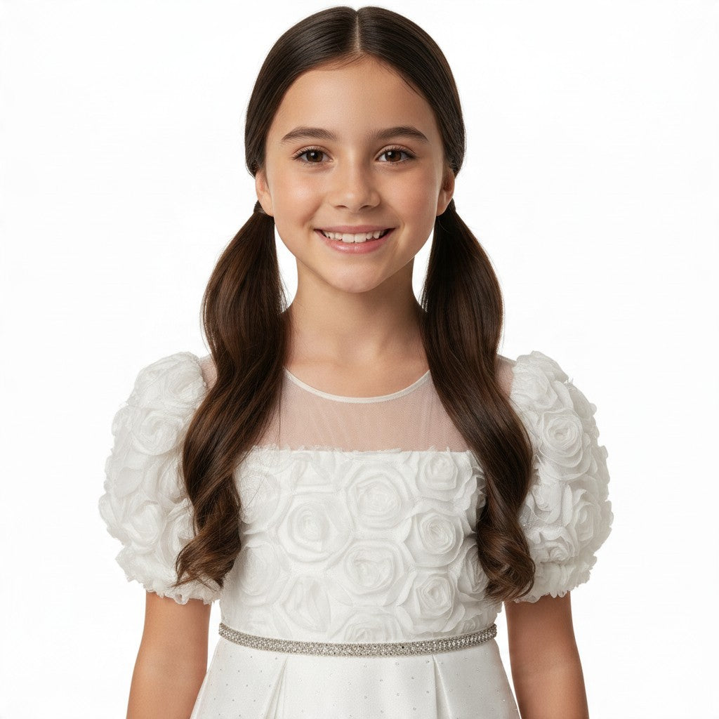 JOANNA FASHION white flower girl dress with rose applique bodice, puff sleeves, and rhinestone waist belt.