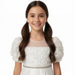JOANNA FASHION white flower girl dress with rose applique bodice, puff sleeves, and rhinestone waist belt.