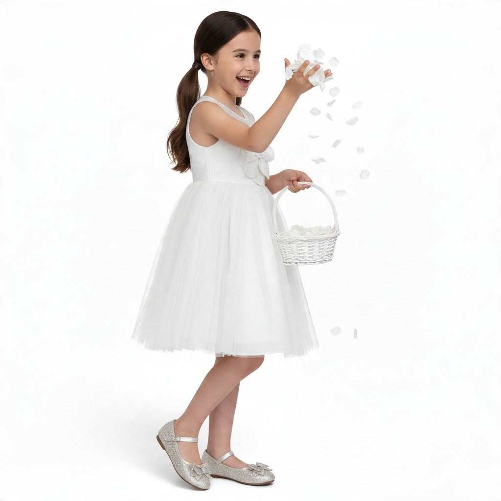 JOANNA FASHION white flower girl dress with tulle skirt and floral applique worn by a girl throwing flower petals