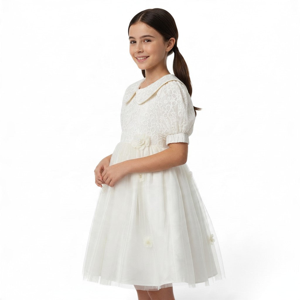 JOANNA FASHION white girls formal dress with lace bodice, peter pan collar, puff sleeves, and floral tulle skirt.