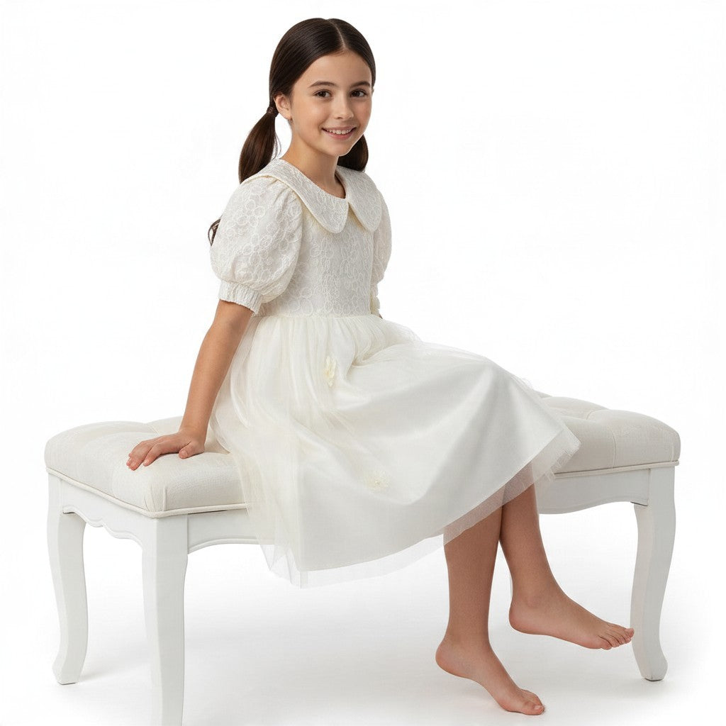 JOANNA FASHION white girls formal dress with lace bodice, peter pan collar, puff sleeves, and layered tulle skirt.