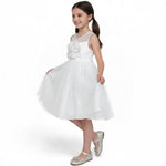 JOANNA FASHION white flower girl dress with tulle skirt, sheer neckline, and oversized floral applique