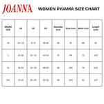 JOANNA women pyjama size chart for M, L, XL and XXL, with UK, US and EU sizes and shoulder, bust, waist and length measurements in centimetres.
