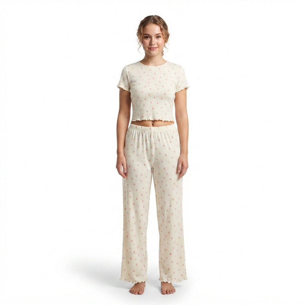 JOANNA 281882BT 2-Piece Pajama Set Short Sleeve Crop Top and Pants Soft Comfortable Sleepwear for Women
