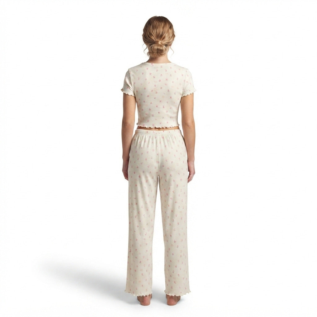 JOANNA 281882BT 2-Piece Pajama Set Short Sleeve Crop Top and Pants Soft Comfortable Sleepwear for Women