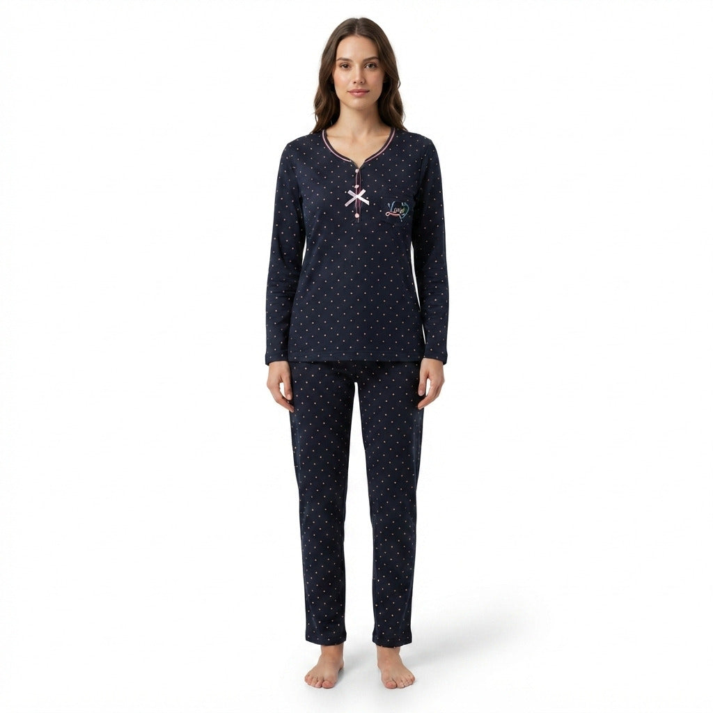 JOANNA 292368 Women's 2-Piece Polka Dot Long Sleeve Henley Pajama Set