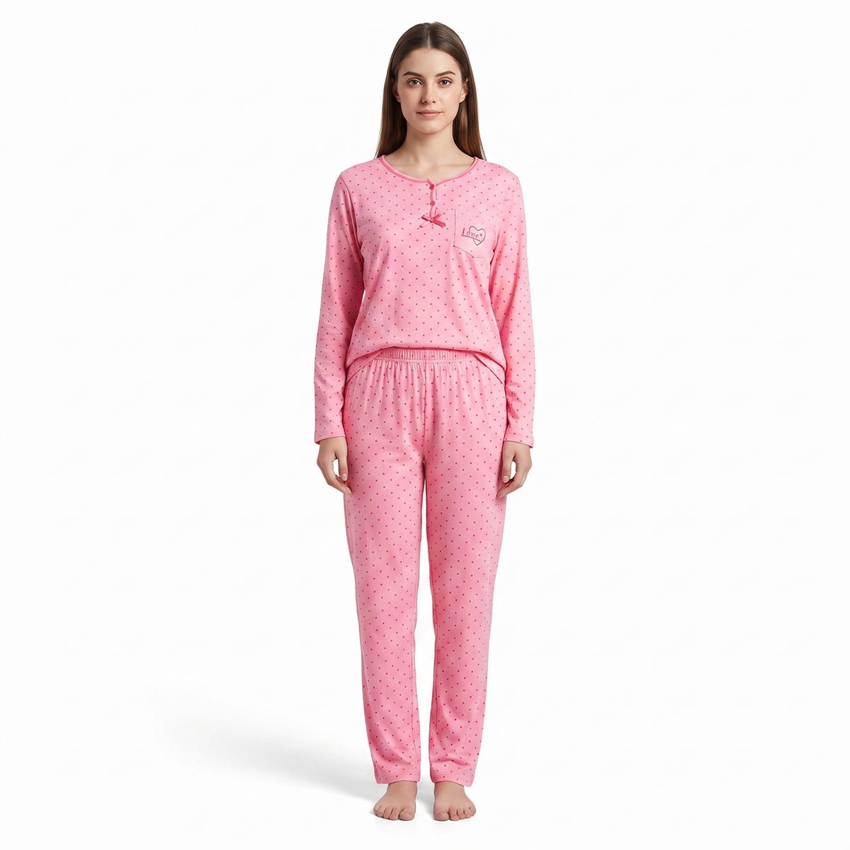 JOANNA 292368 Women's 2-Piece Polka Dot Long Sleeve Henley Pajama Set