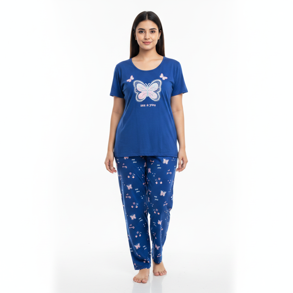 A woman modeling a blue two-piece pajama set with a butterfly graphic on the top and a matching butterfly print on the pants, set against a plain white background.