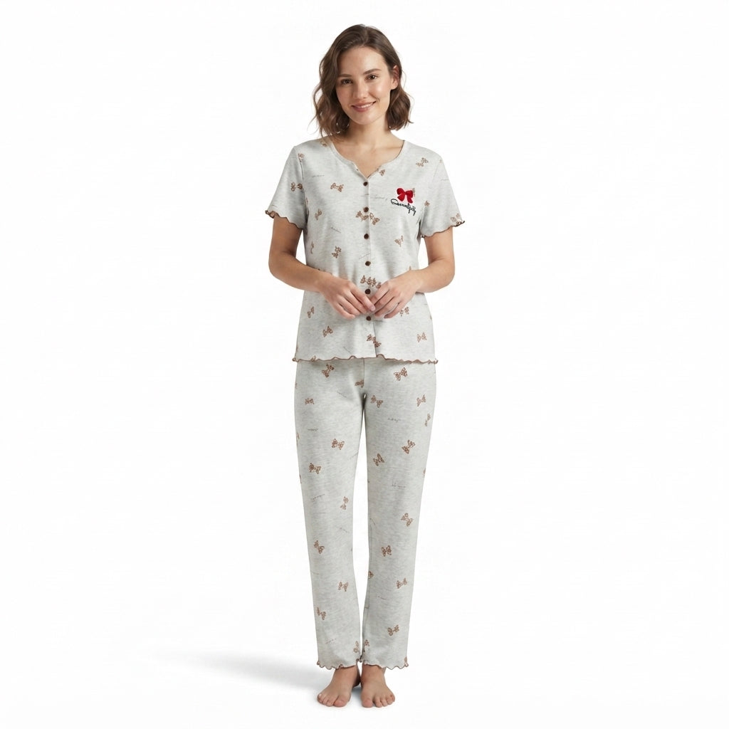 JOANNA F246668BT Women's 2-Piece Bow Print Short Sleeve Pajama Set with Lettuce Edge