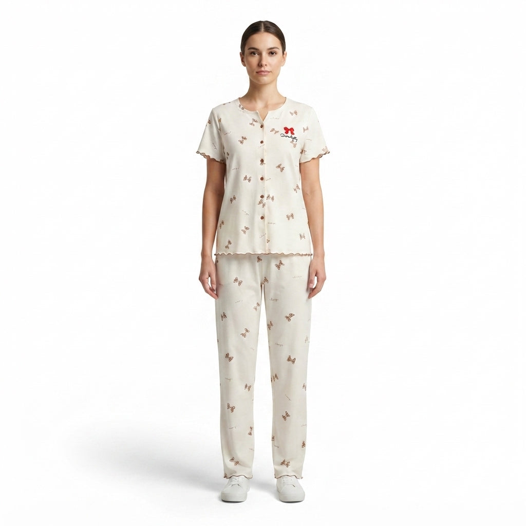 JOANNA F246668BT Women's 2-Piece Bow Print Short Sleeve Pajama Set with Lettuce Edge