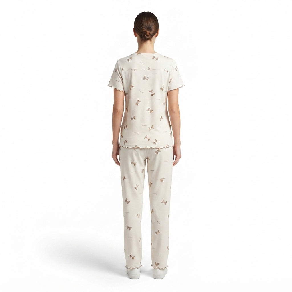 JOANNA F246668BT Women's 2-Piece Bow Print Short Sleeve Pajama Set with Lettuce Edge