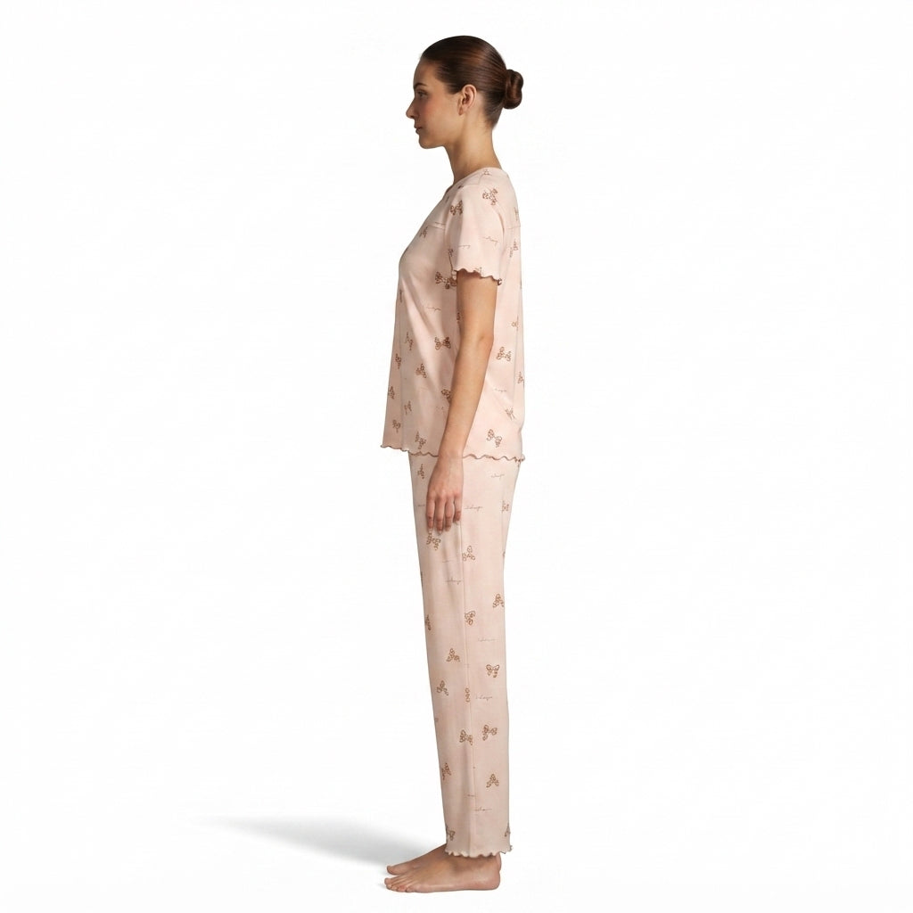 JOANNA F246668BT Women's 2-Piece Bow Print Short Sleeve Pajama Set with Lettuce Edge