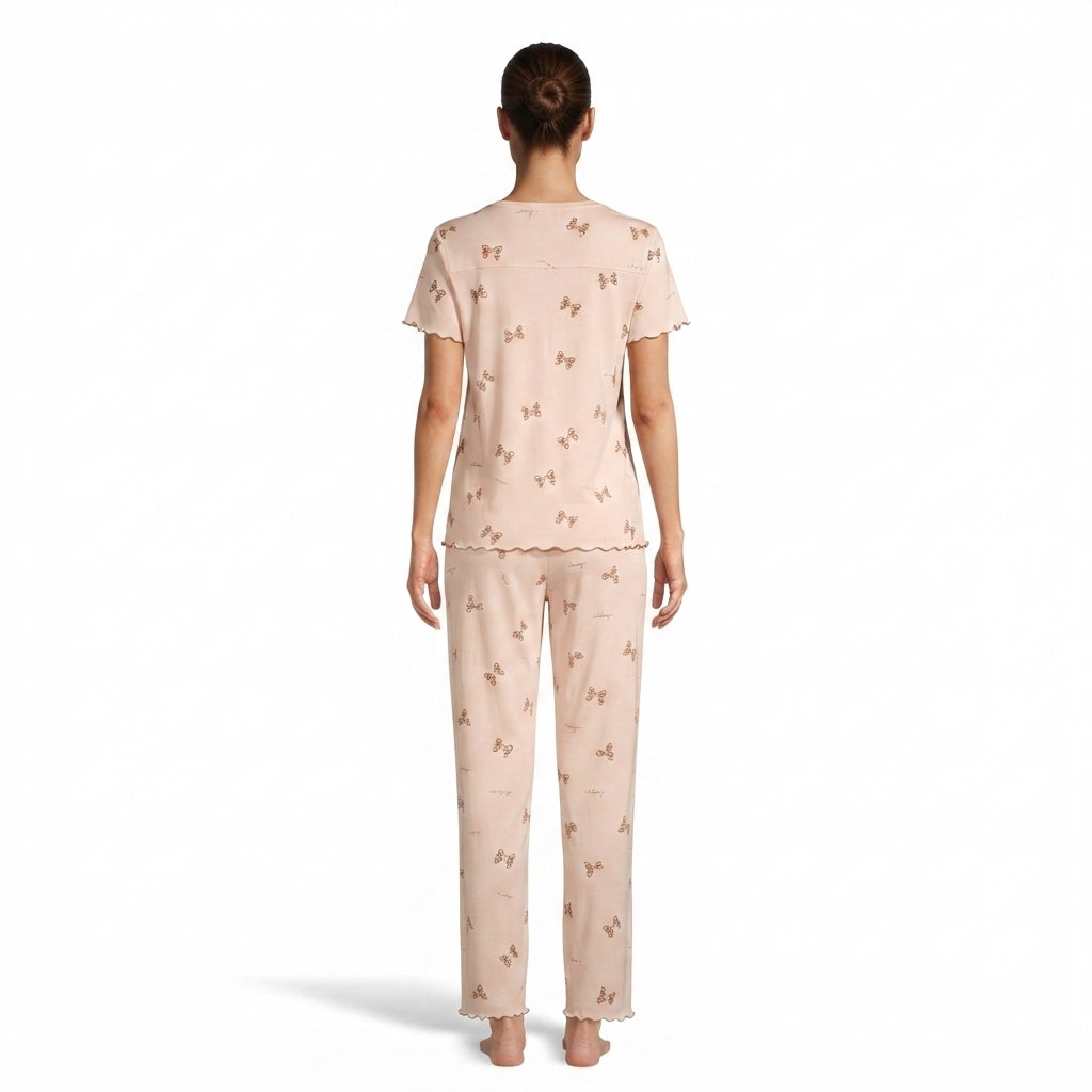 JOANNA F246668BT Women's 2-Piece Bow Print Short Sleeve Pajama Set with Lettuce Edge