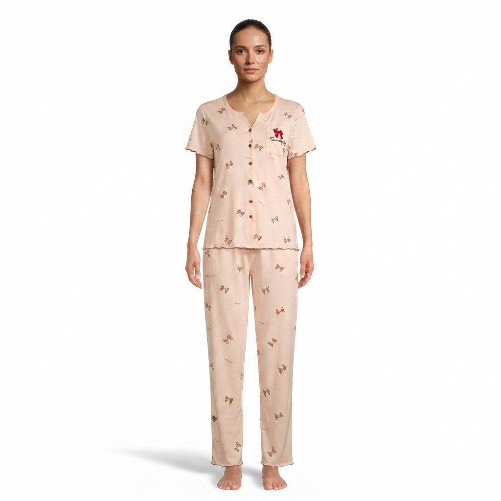 JOANNA F246668BT Women's 2-Piece Bow Print Short Sleeve Pajama Set with Lettuce Edge