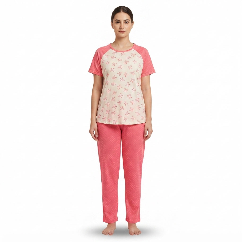 JOANNA F246674BT Women's 2-Piece Short Sleeve Raglan Bow Print Pajama Set
